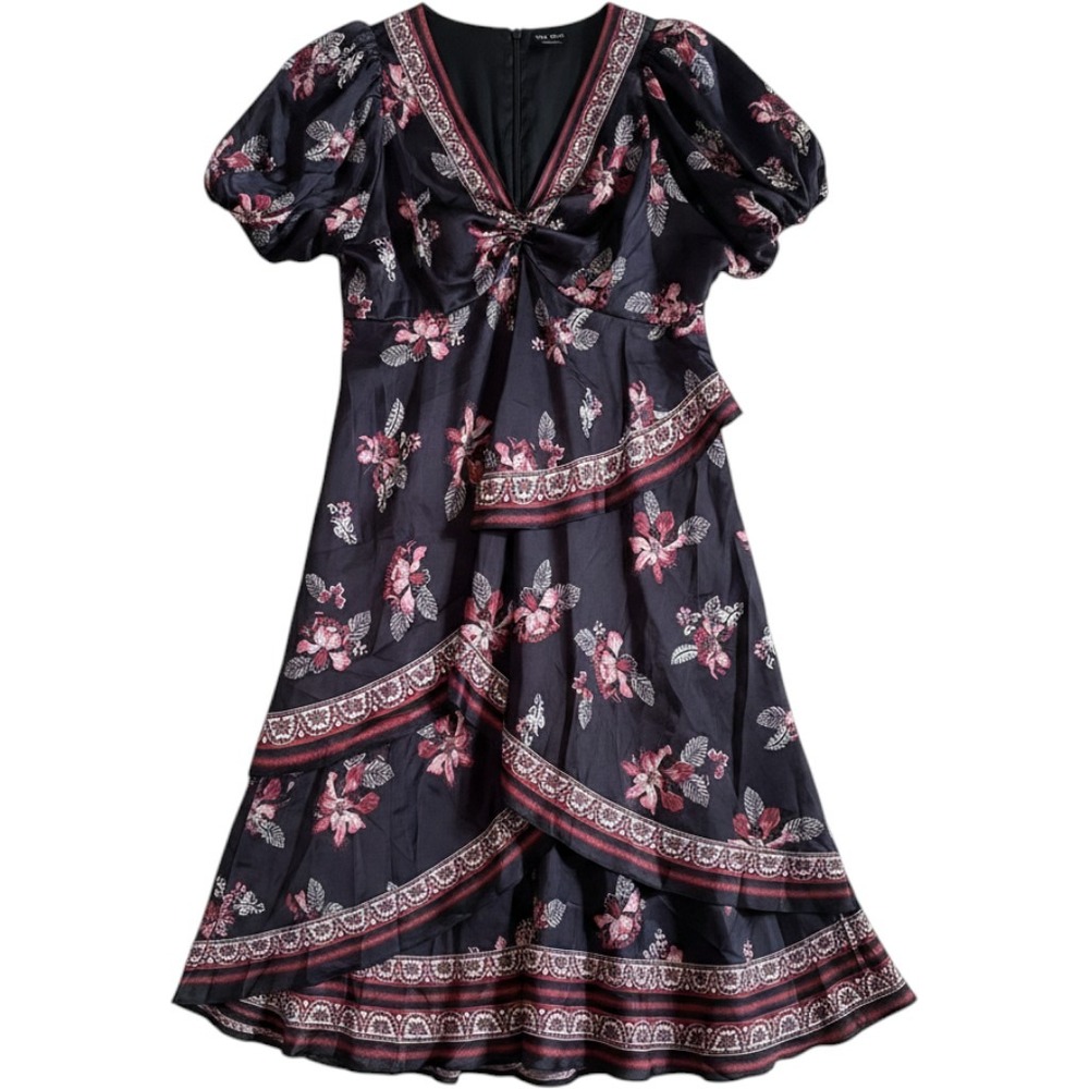 City Chic Maxi Dress L Navy Pink Floral Tiered Puff Sleeve Boho Romantic